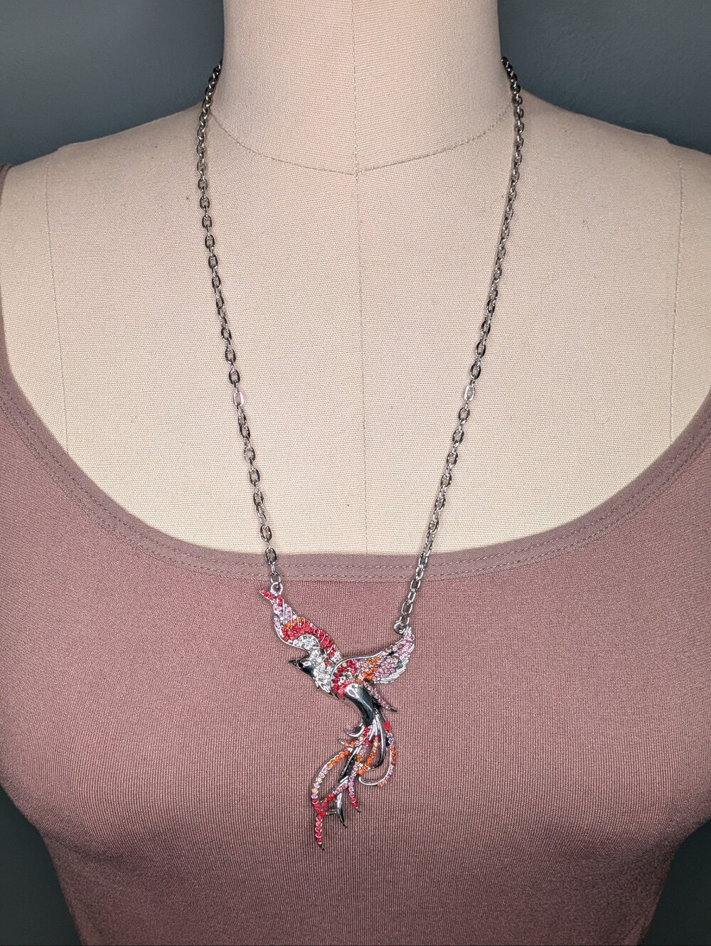 ​Rhinestone Phoenix Bird of Paradise Silver Tone Statement Necklace Fire Colors